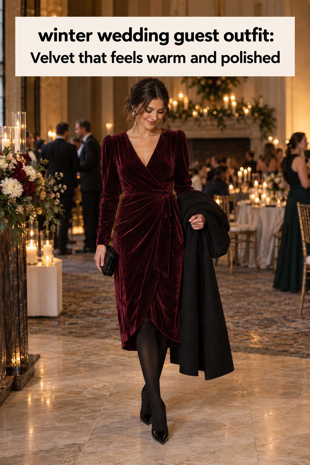 winter wedding guest outfit in burgundy velvet with tights and coat