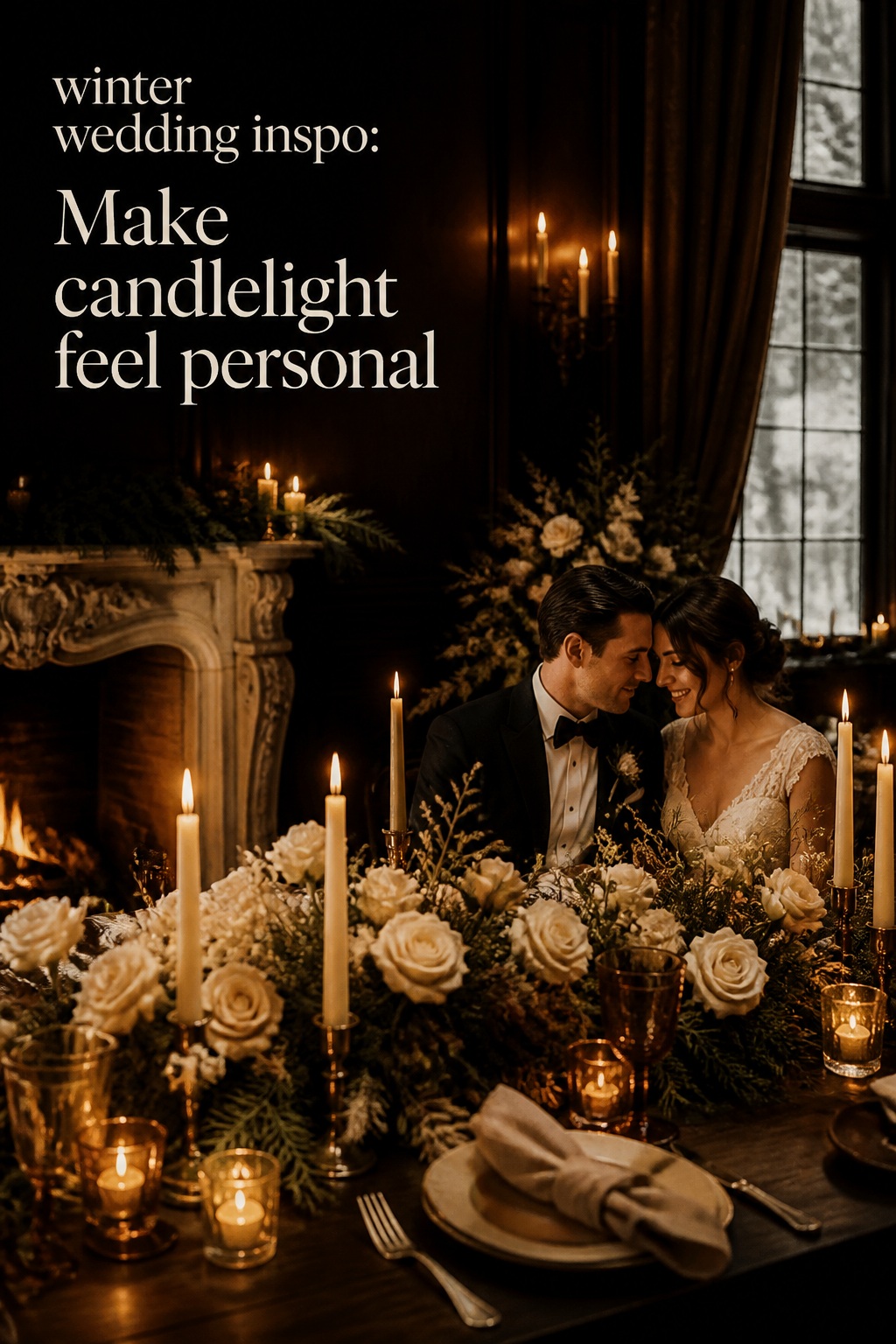 winter wedding inspo with candlelit reception and evergreen flowers