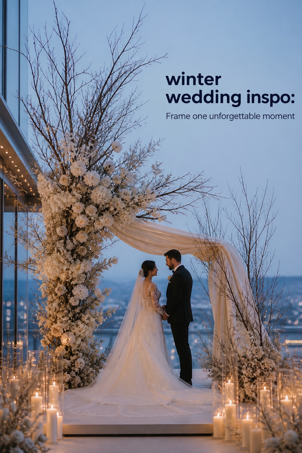 winter wedding inspo with sculptural floral ceremony arch
