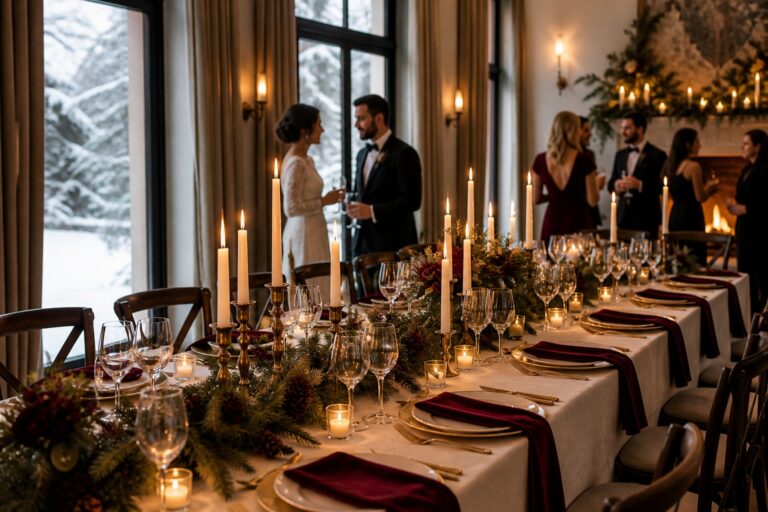 winter wedding inspo with candlelit reception and snowy windows