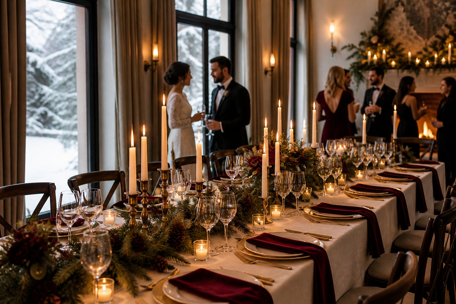 winter wedding inspo with candlelit reception and snowy windows