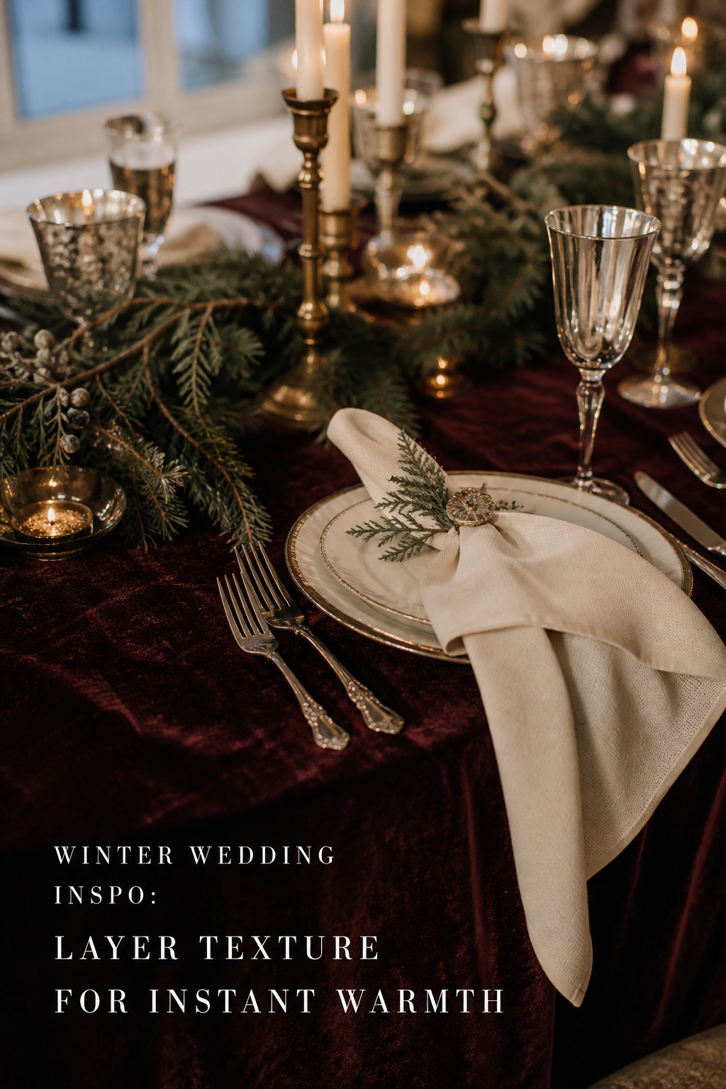 winter wedding inspo with burgundy velvet table and evergreen