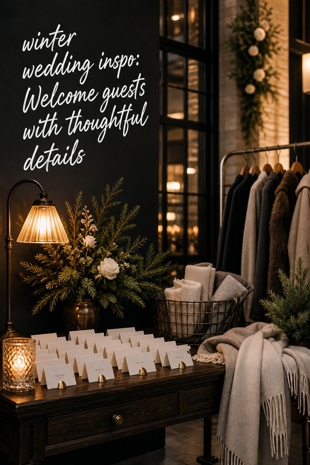 winter wedding inspo welcome table with coats and warm wraps