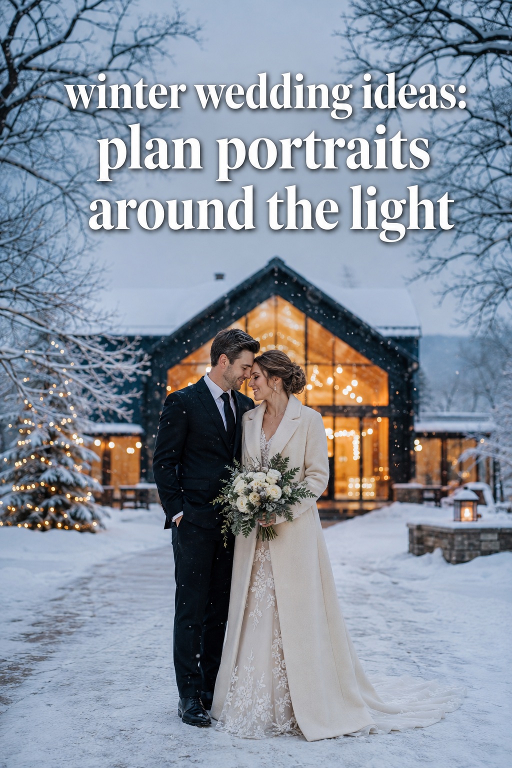 winter wedding ideas couple portrait in snow with warm venue behind