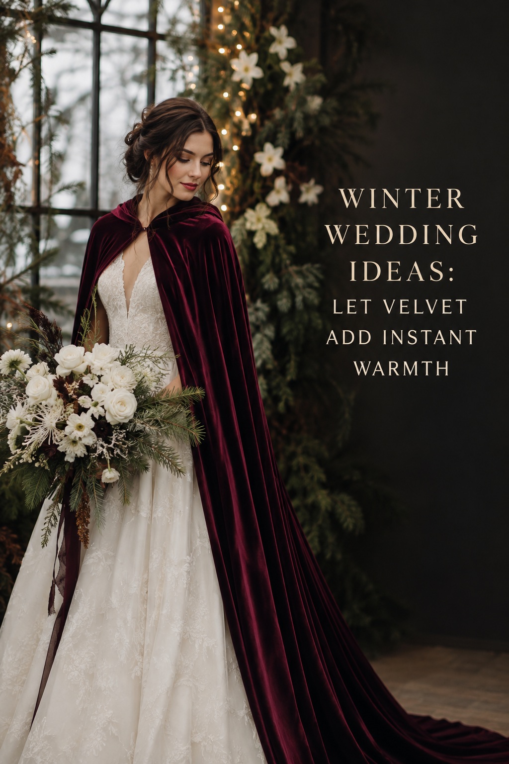 winter wedding ideas bride in ivory gown and plum velvet cape