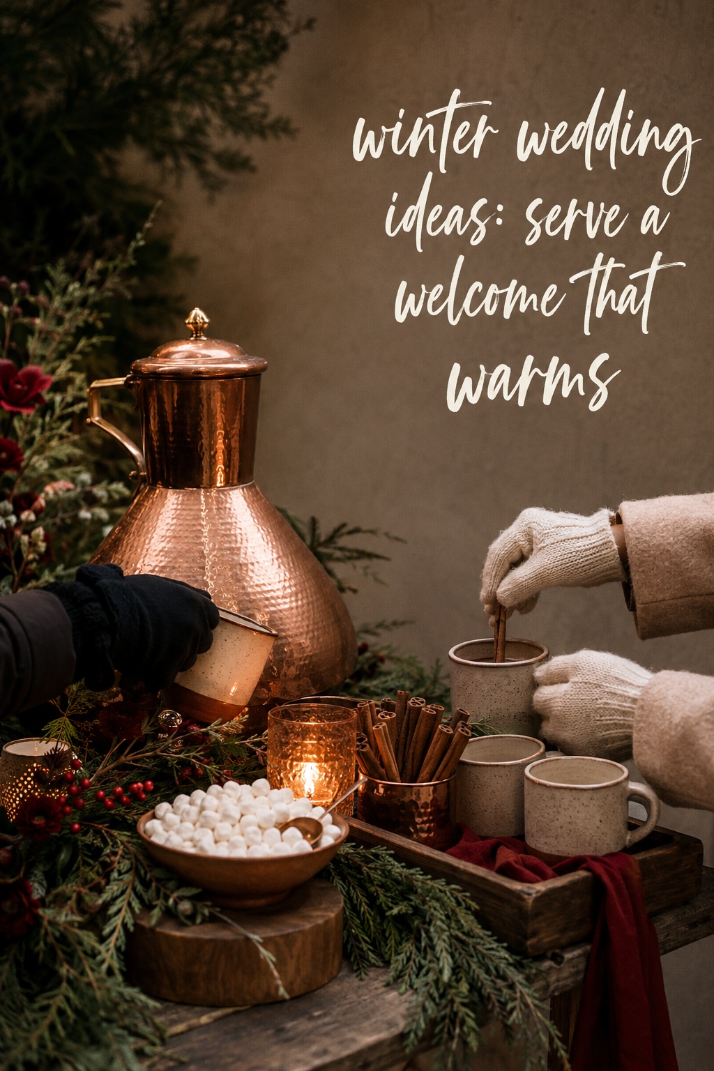 winter wedding ideas hot chocolate bar with copper carafe and mugs