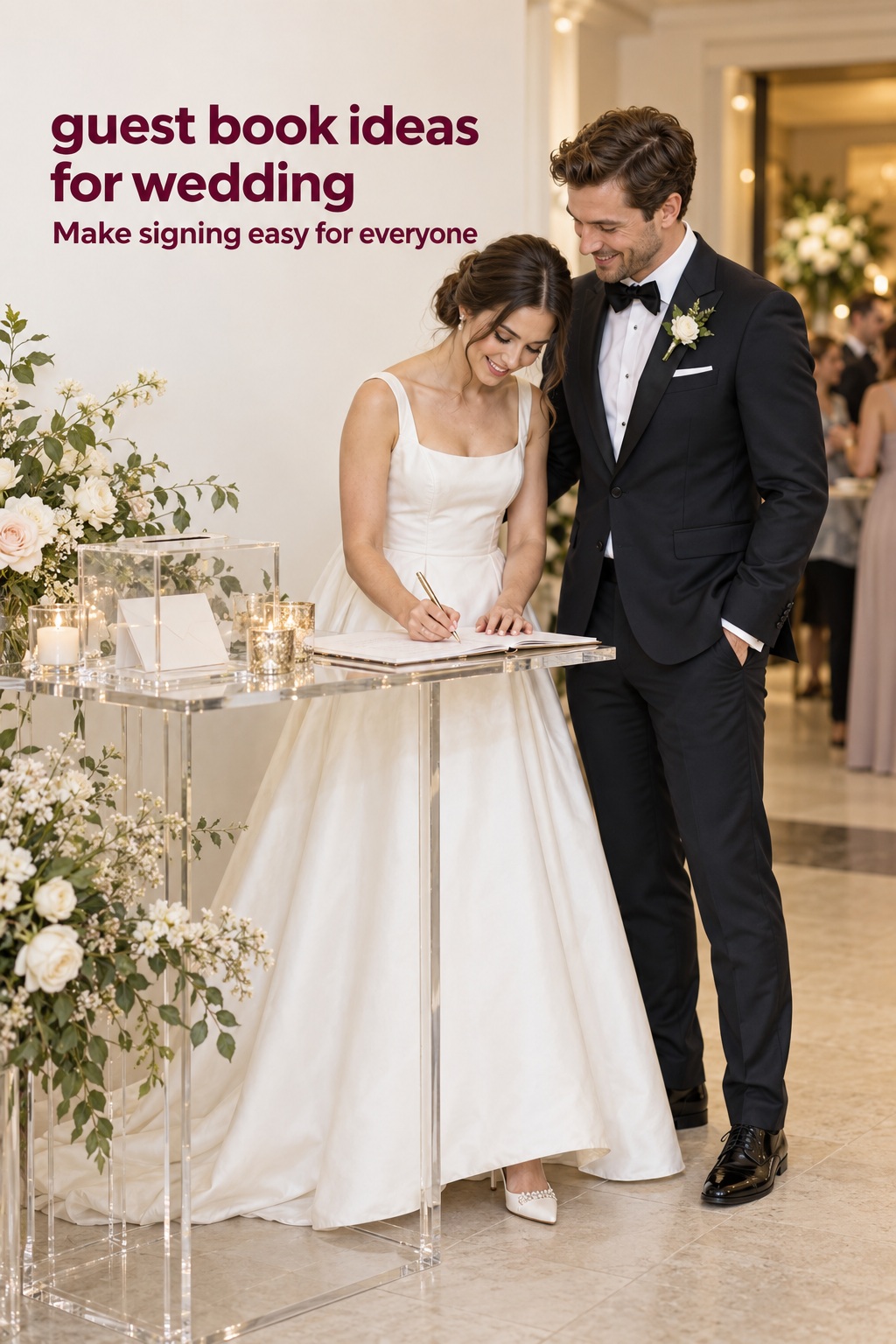 guest book ideas for wedding at a clear welcome table as a bride and groom sign together