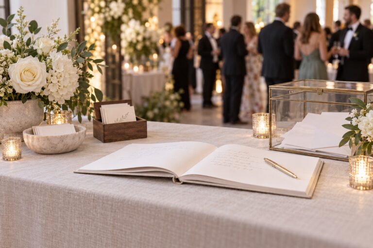 guest book ideas for wedding welcome station with open book, prompt cards and pen