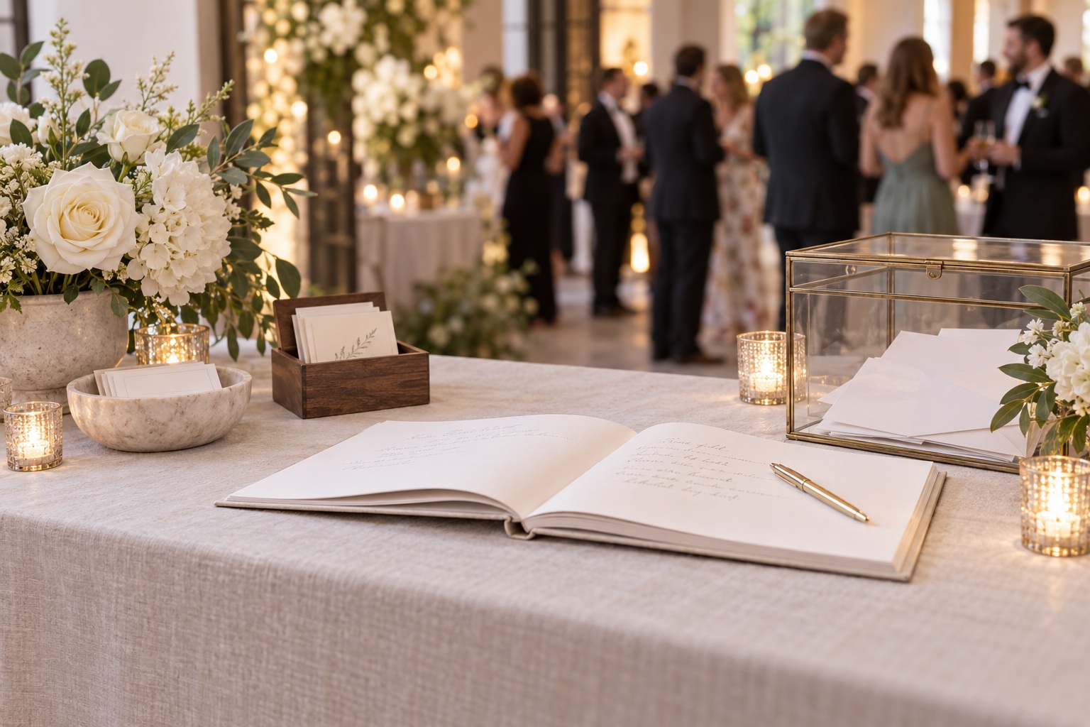 guest book ideas for wedding welcome station with open book, prompt cards and pen