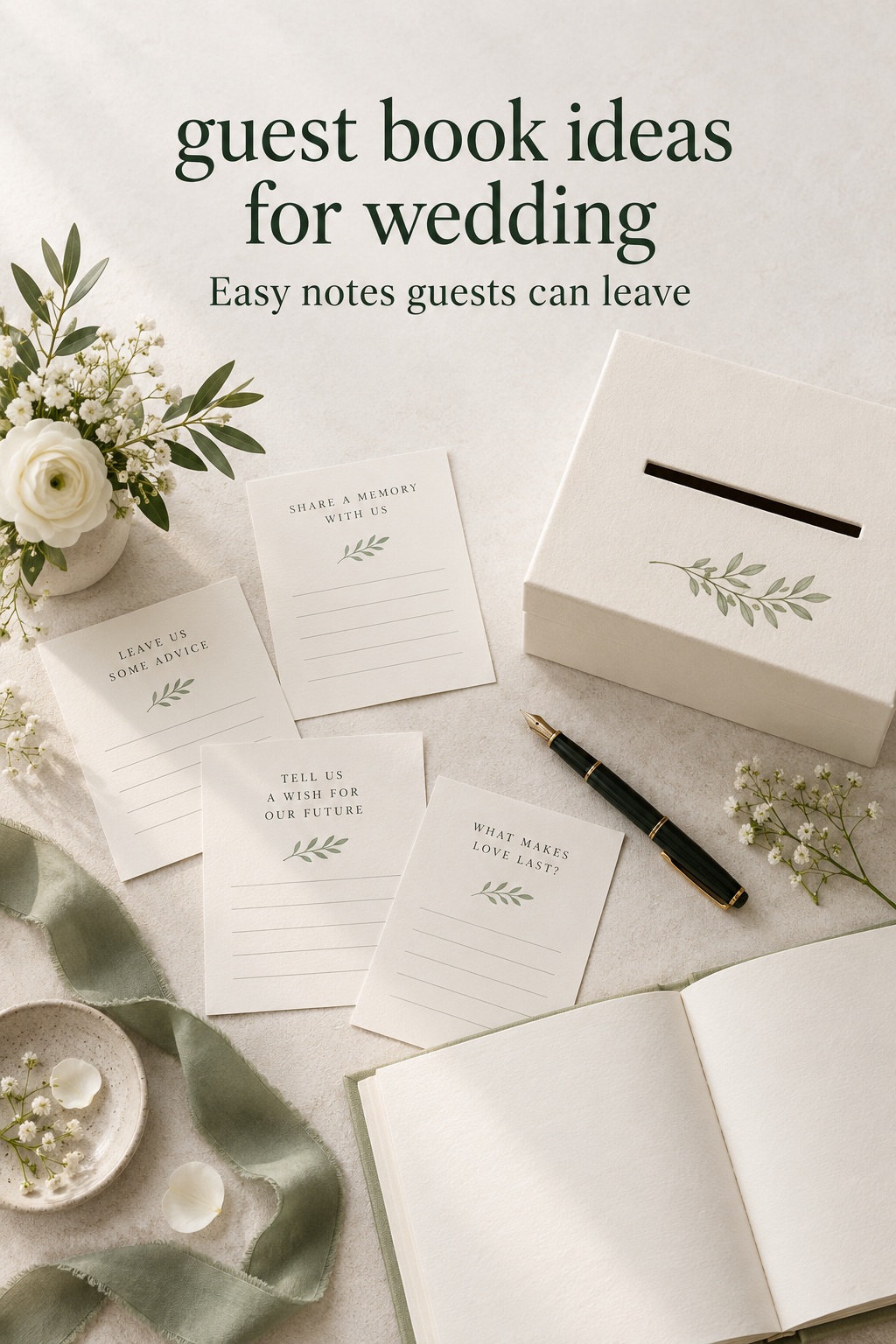 guest book ideas for wedding flat lay with prompt cards, pens and a keepsake box
