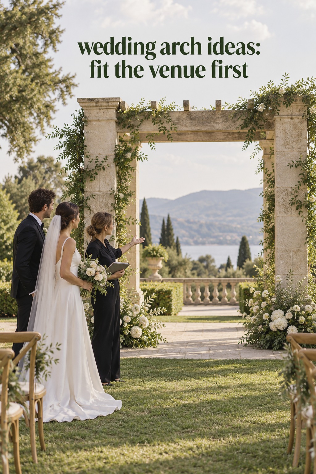 wedding arch ideas using an existing stone pergola and low floral arrangements