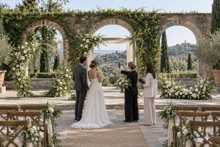 wedding arch ideas comparing a freestanding circle frame, arbor and low flowers at a garden venue