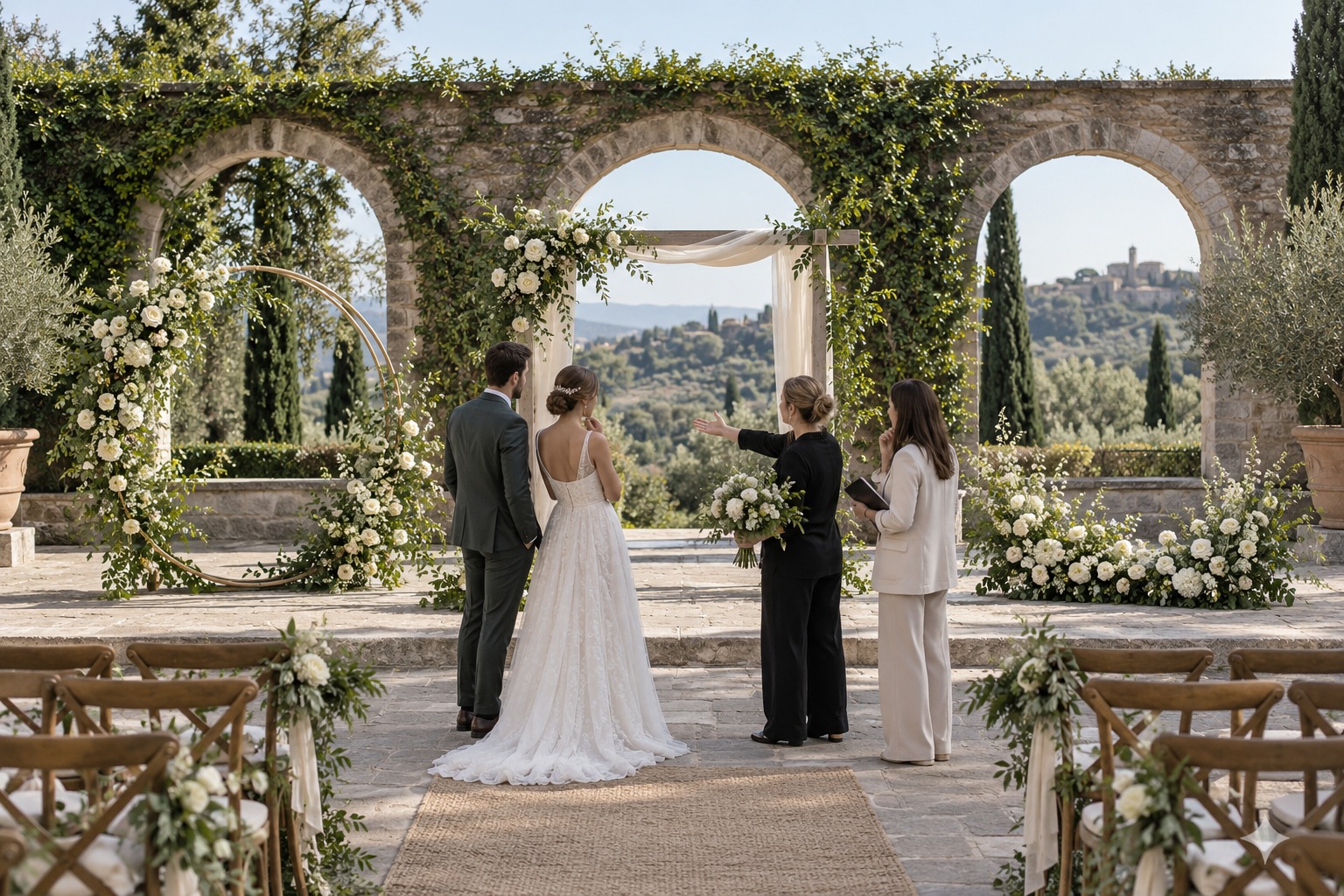 wedding arch ideas comparing a freestanding circle frame, arbor and low flowers at a garden venue