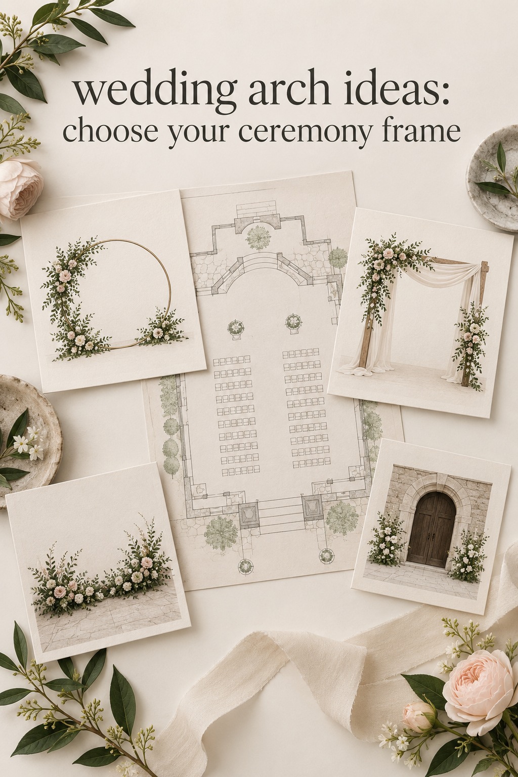 wedding arch ideas shown as four ceremony layouts on a venue plan