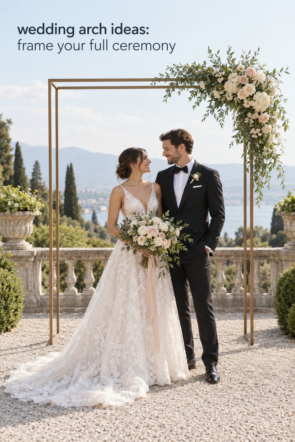 wedding arch ideas with a full-length couple beneath an open geometric frame