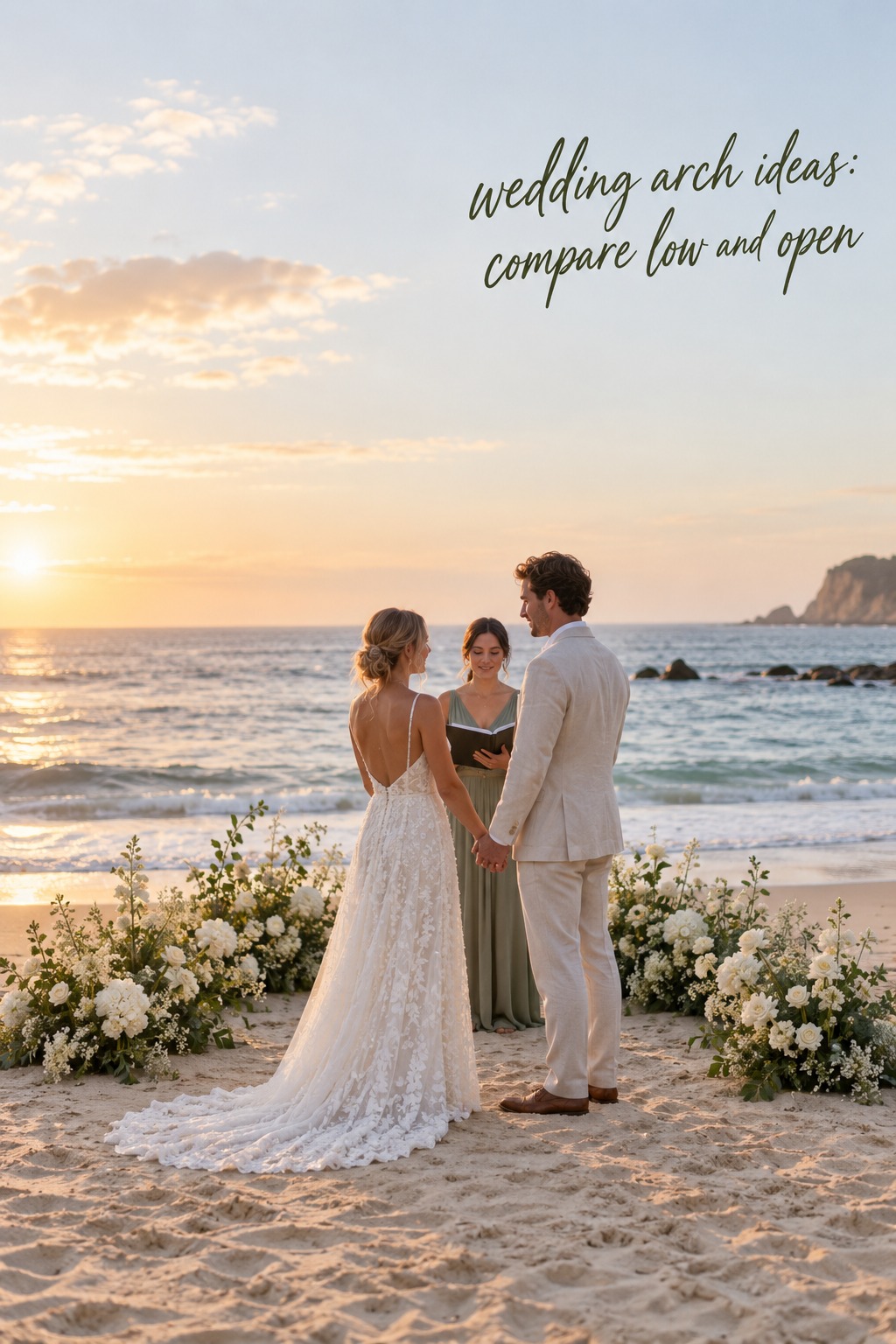 wedding arch ideas with a low floral crescent framing a beach ceremony