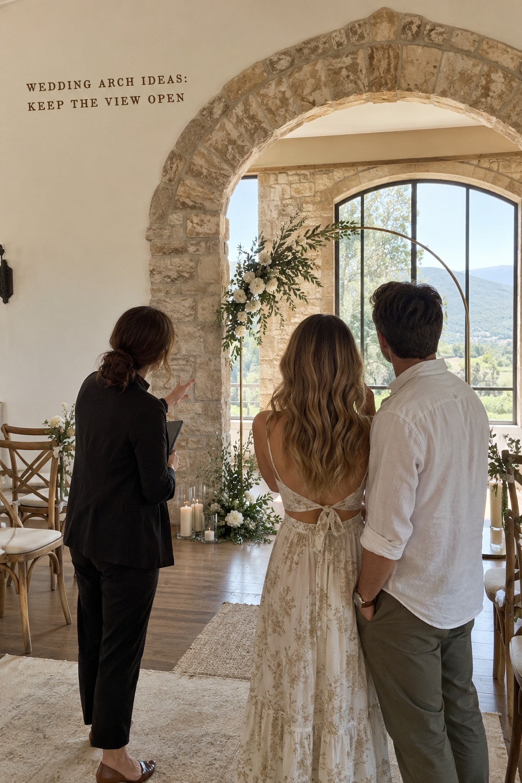 wedding arch ideas showing a couple comparing an indoor arch and stone opening