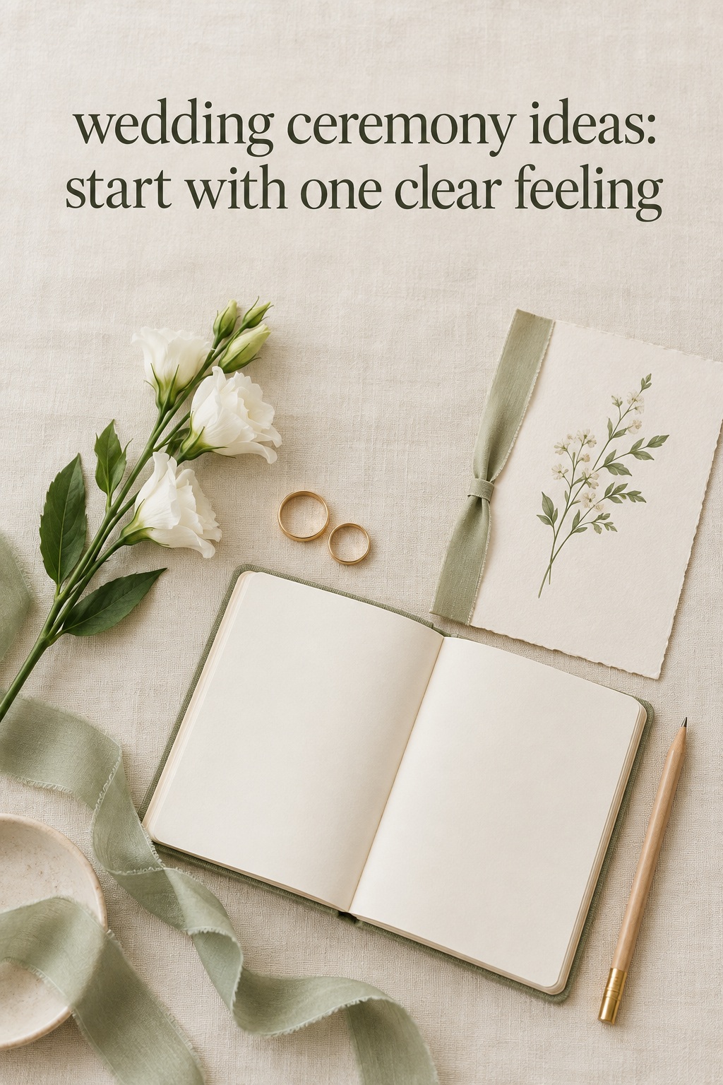 wedding ceremony ideas flat lay with vows notebook, rings and flowers