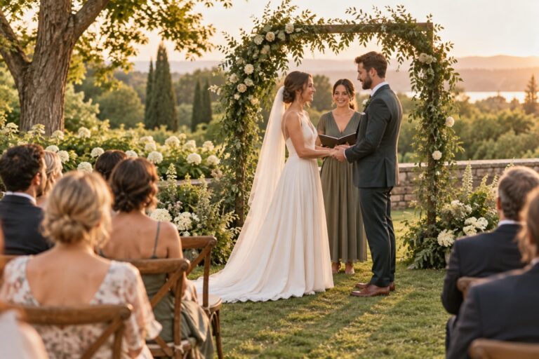 wedding ceremony ideas with a couple exchanging vows in a garden