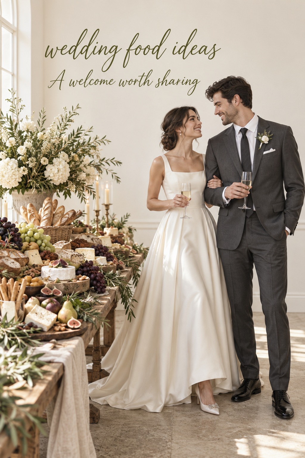 wedding food ideas display beside a bride in an ivory gown and groom in a charcoal suit