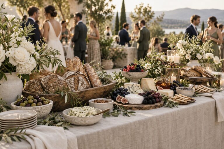 wedding food ideas welcome display of bread, berries, cheeses and flowers
