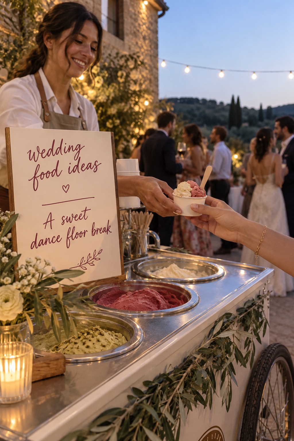 wedding food ideas with guests sharing a gelato cart moment