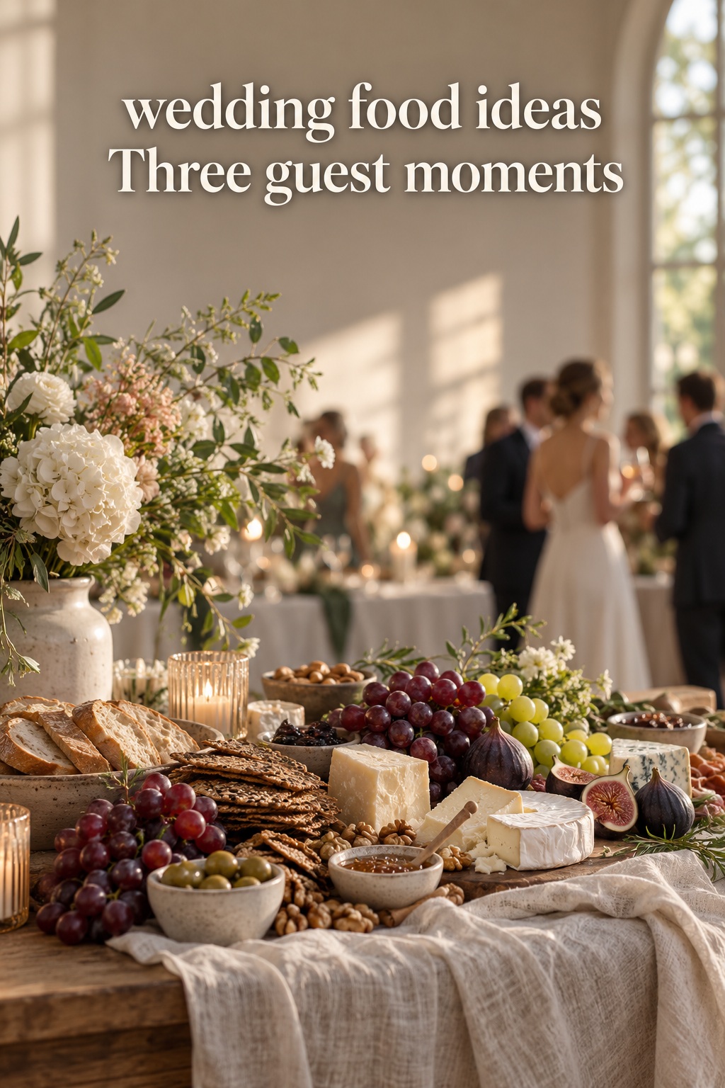 wedding food ideas grazing table with bread, berries, cheese and flowers