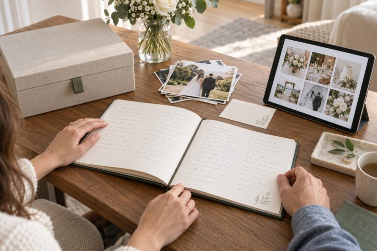 wedding guest book ideas in a home archive with book, indexed photos, storage box and digital copy