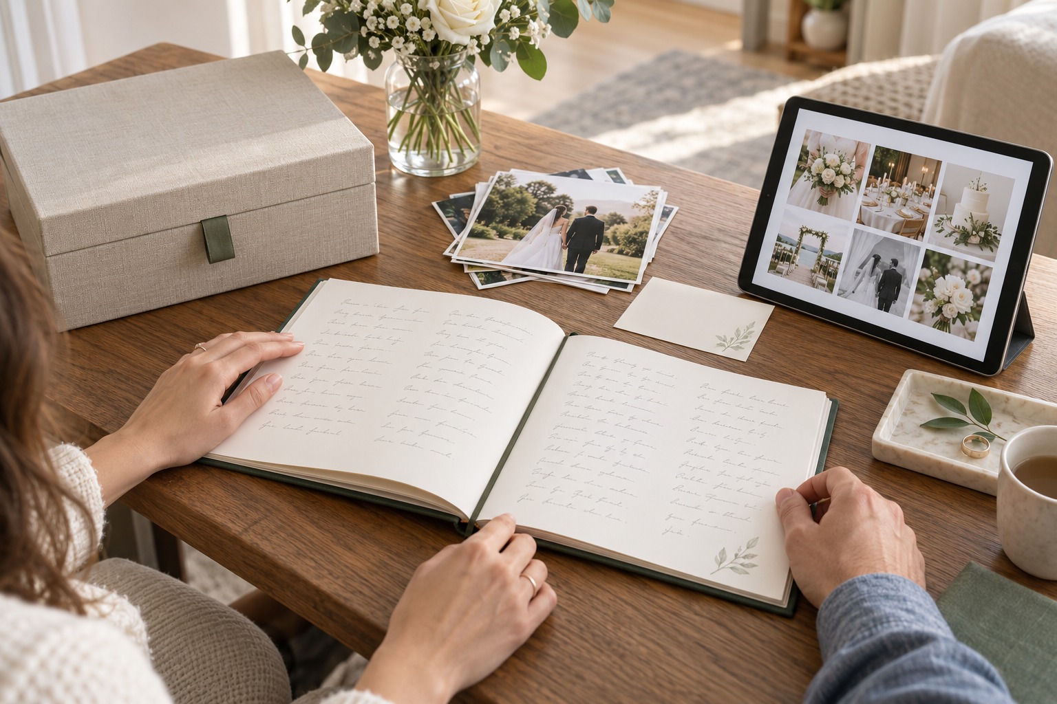 wedding guest book ideas in a home archive with book, indexed photos, storage box and digital copy