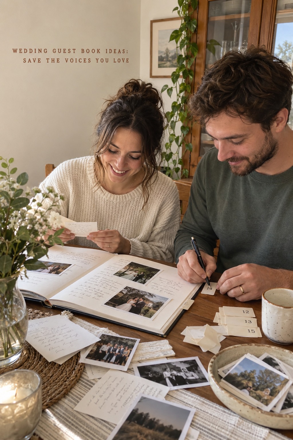 wedding guest book ideas with a couple sorting notes and wedding photographs at home