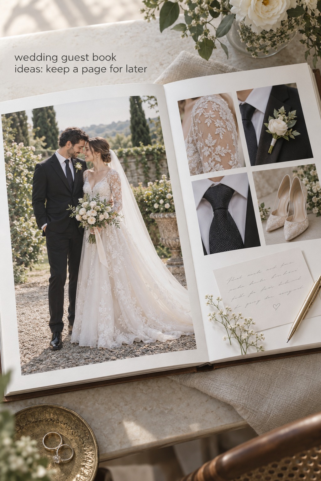 wedding guest book ideas in an album with full-length couple portrait and outfit details