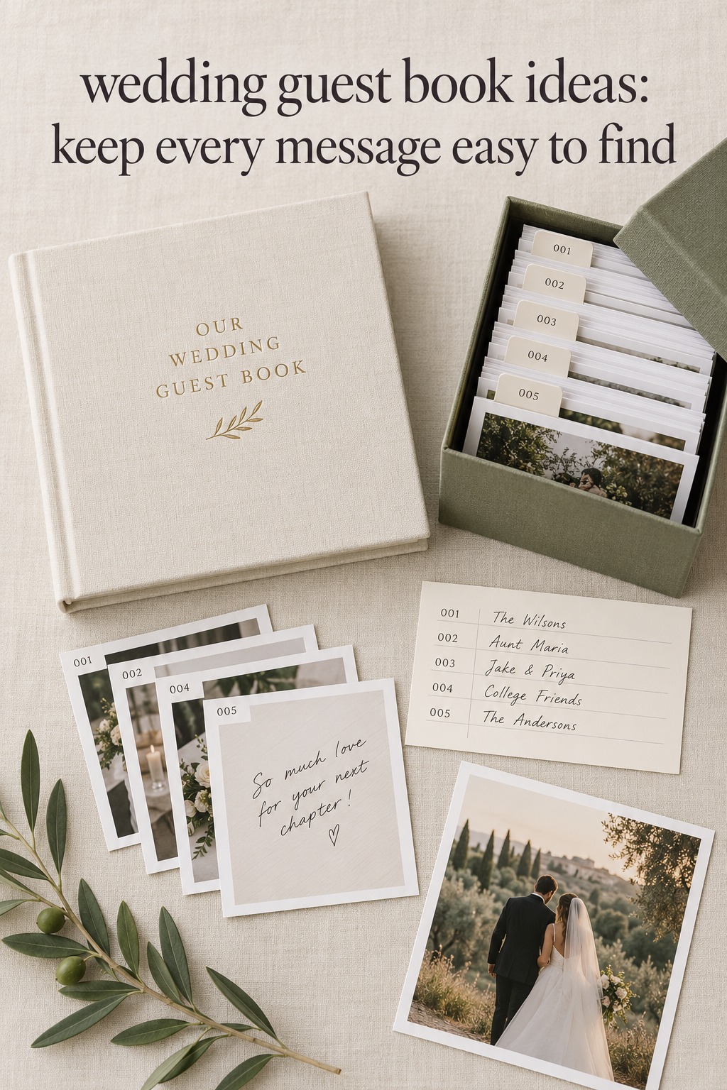 wedding guest book ideas shown as an indexed book, photos and archive box