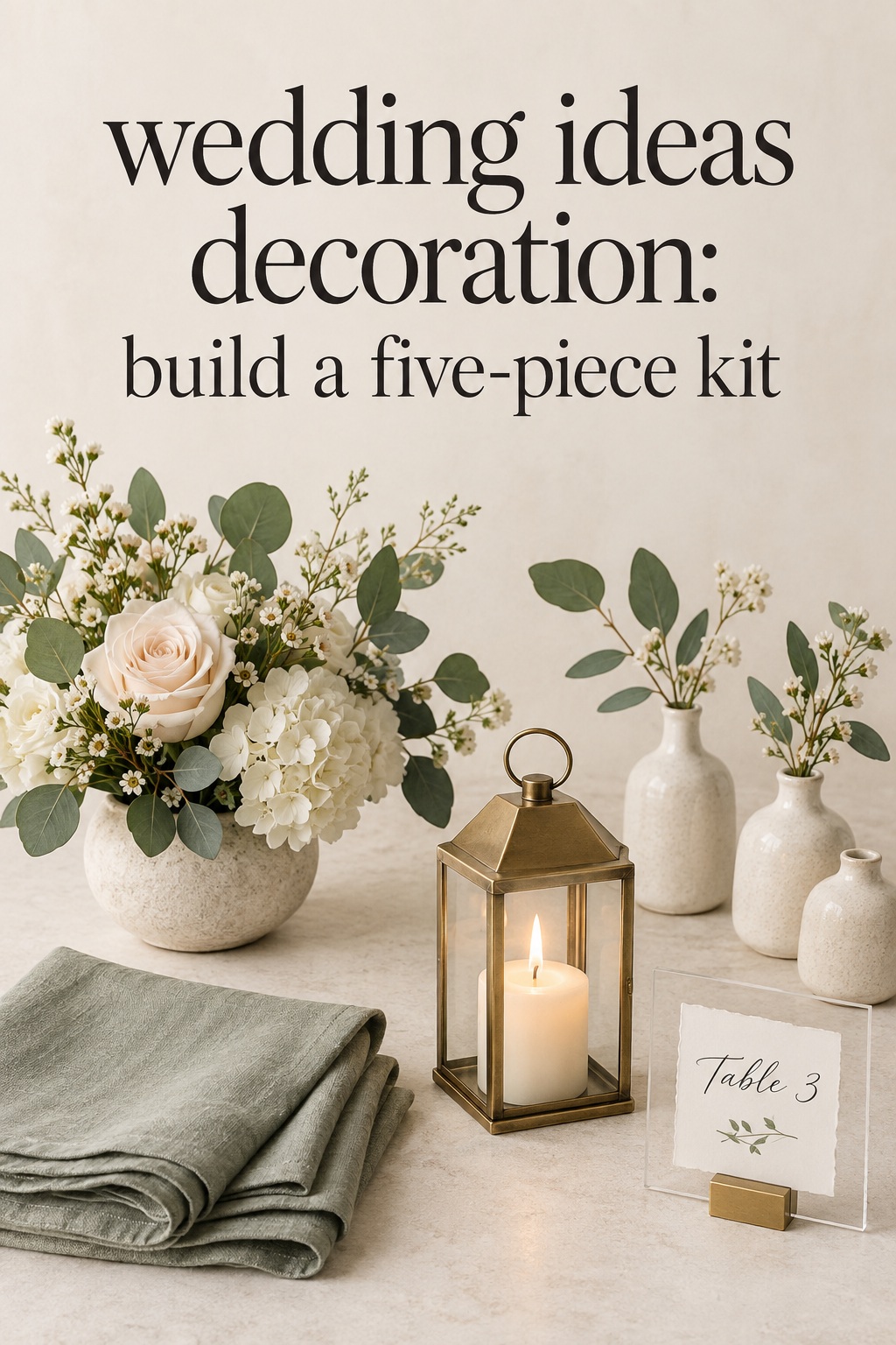 wedding ideas decoration flat lay with flowers, bud vases, linen, lantern and table card