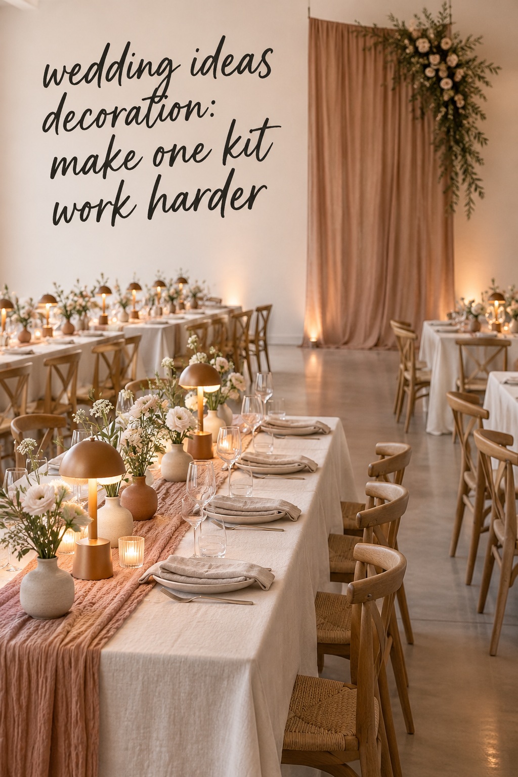 wedding ideas decoration reception with repeated vases, textured linens and warm table lamps