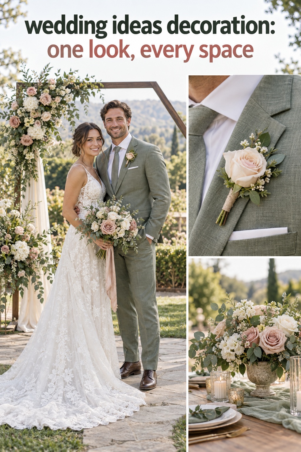 wedding ideas decoration with full wedding outfits and close-ups of floral and table styling