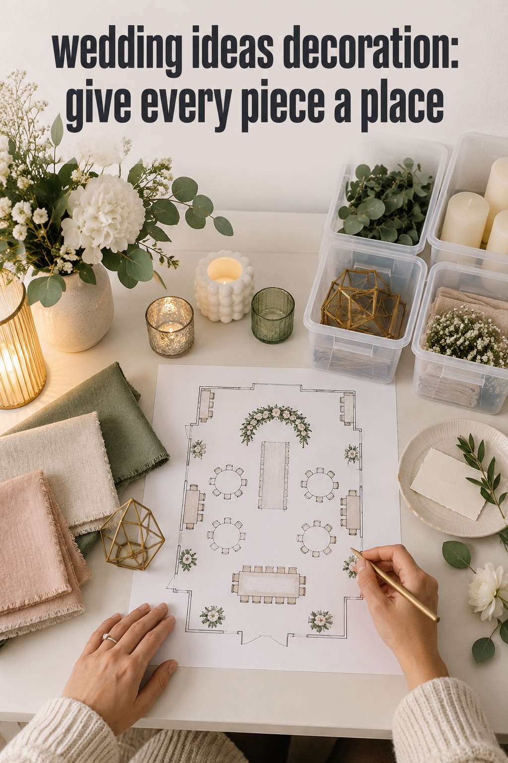 wedding ideas decoration floor plan with linens, flowers, lighting and labeled setup bins
