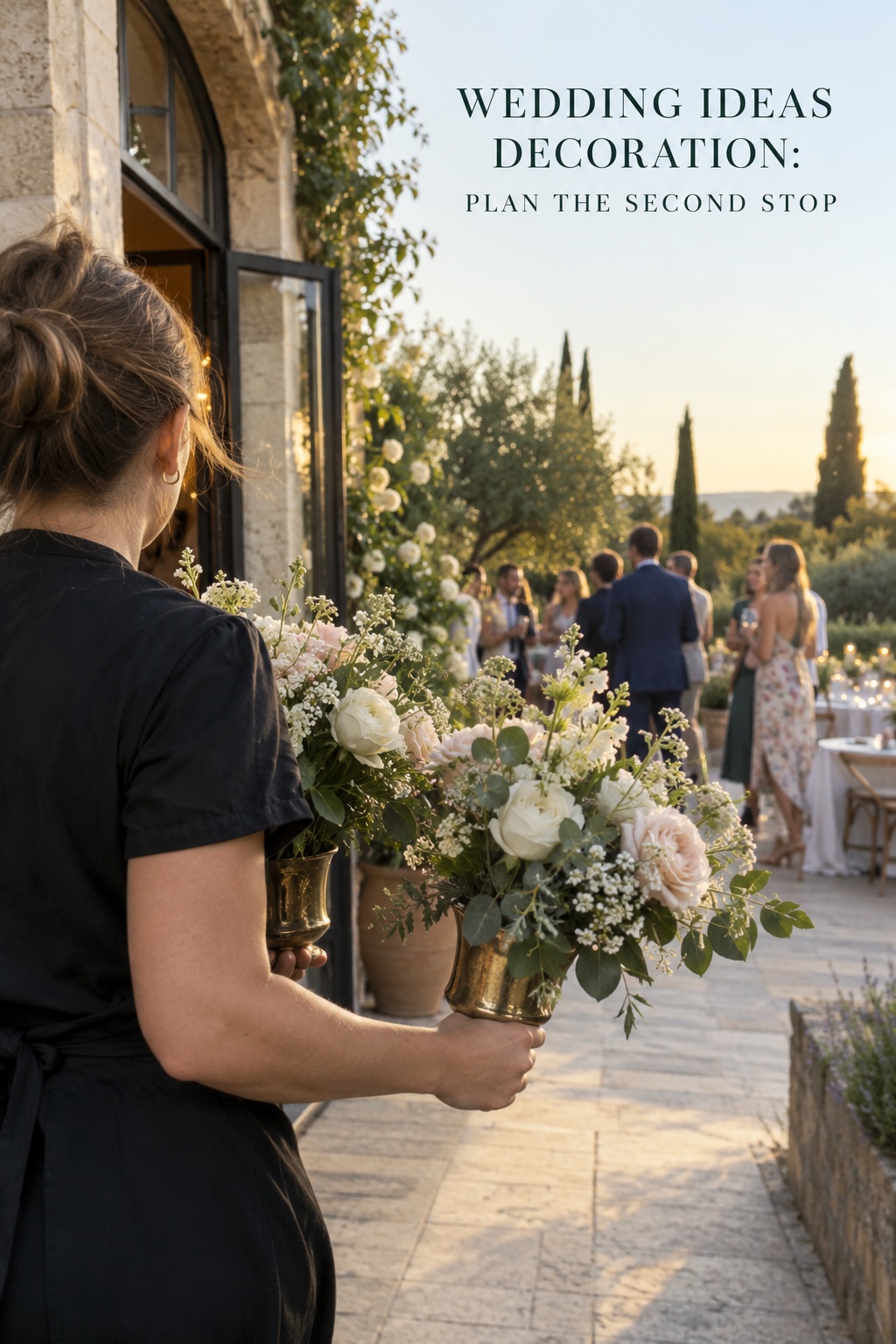 wedding ideas decoration helper carrying ceremony flowers toward a reception entrance