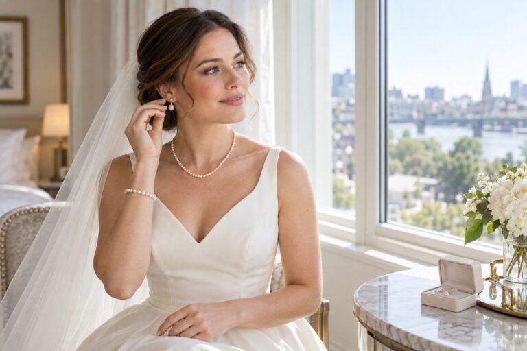 wedding jewelry ideas for bride with bride wearing balanced pearl earrings, necklace and bracelet