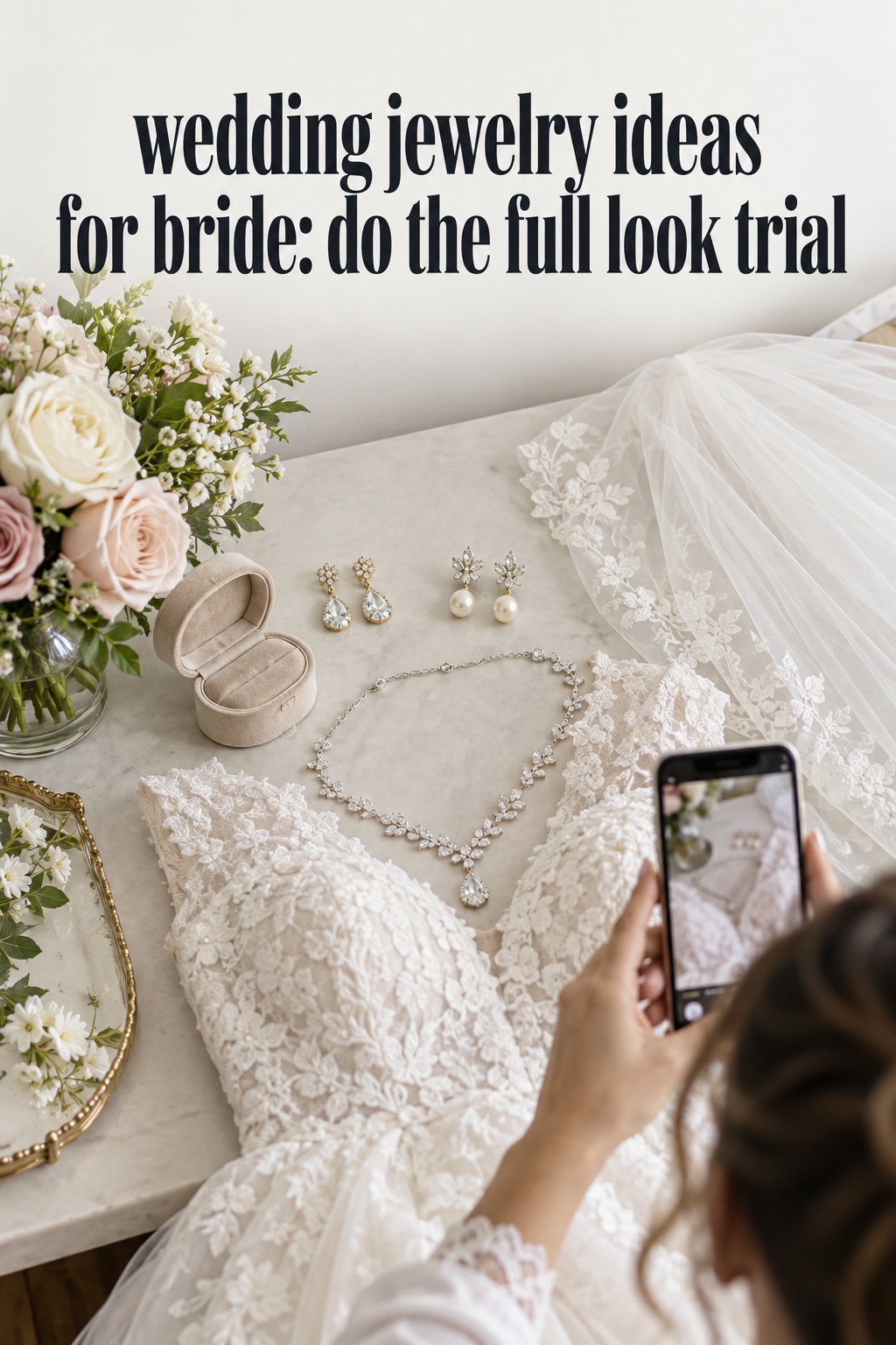 wedding jewelry ideas for bride trial setup with gown, veil, earrings, necklace and phone photo