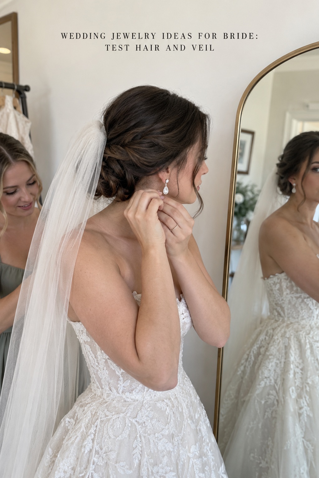 wedding jewelry ideas for bride candid fitting with bride checking a drop earring under her veil