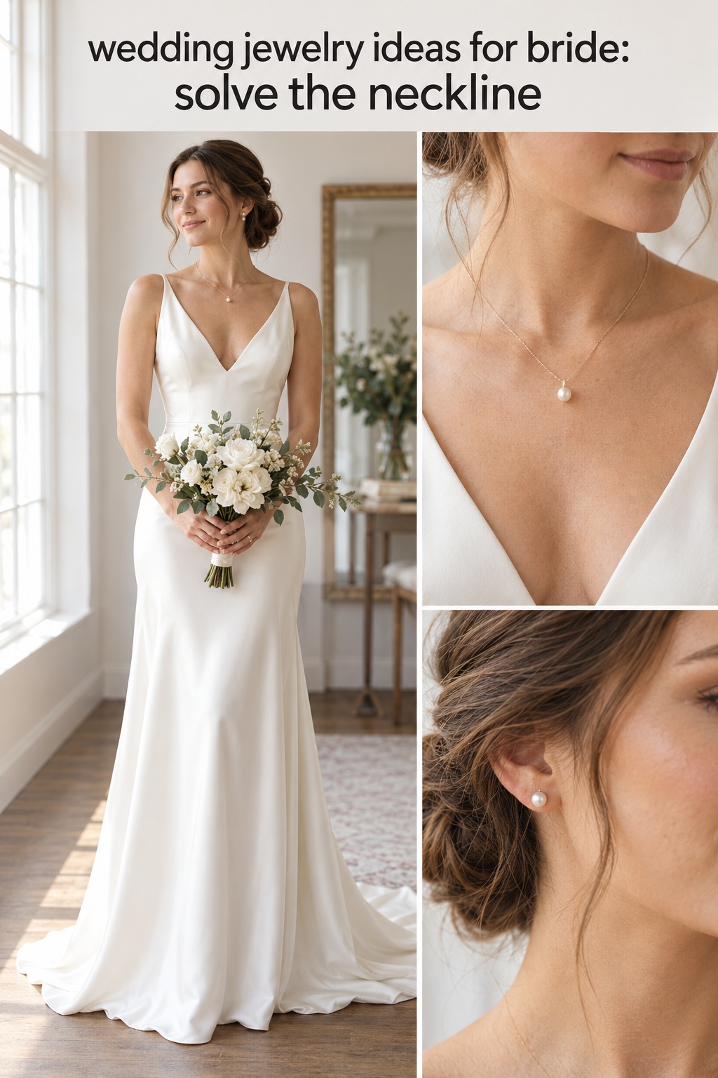 wedding jewelry ideas for bride with full V-neck gown and close-up pendant and earring views