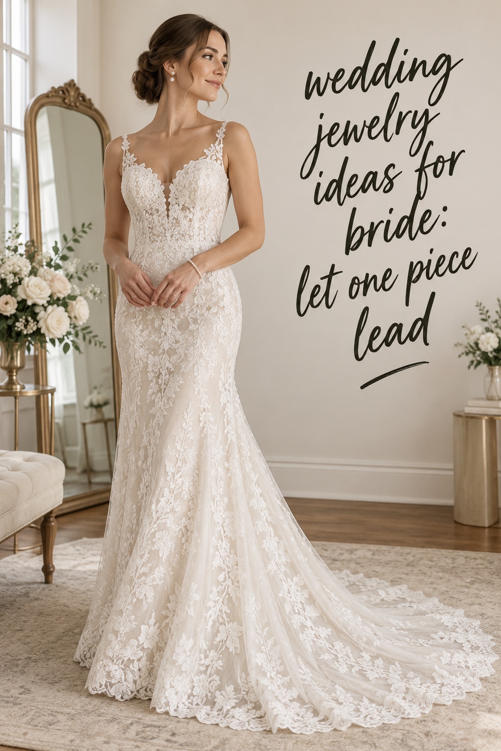 wedding jewelry ideas for bride with full lace bridal gown, pearl earrings and slim bracelet