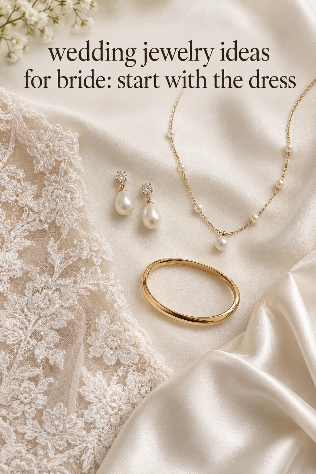 wedding jewelry ideas for bride flat lay with pearl earrings, necklace, bracelet and two dress fabrics