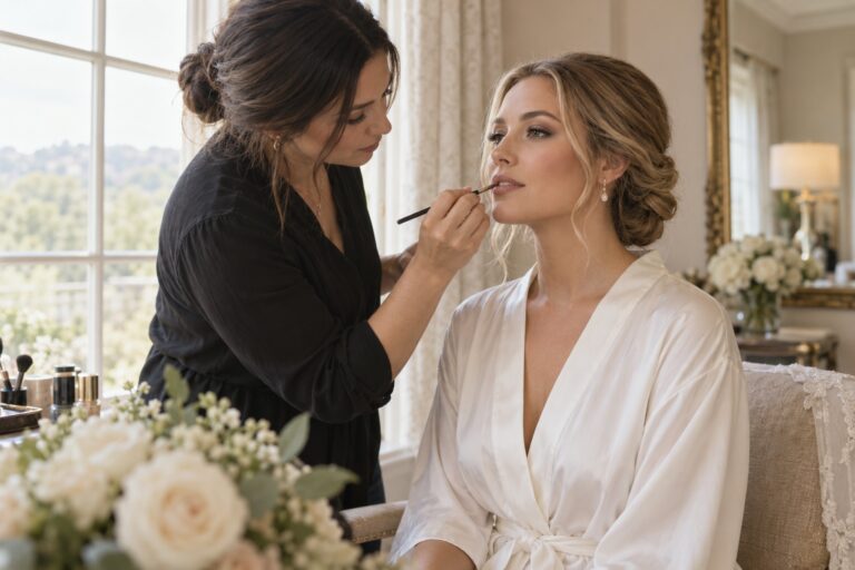 Makeup artist gives a bride a final lip touch-up beside a window