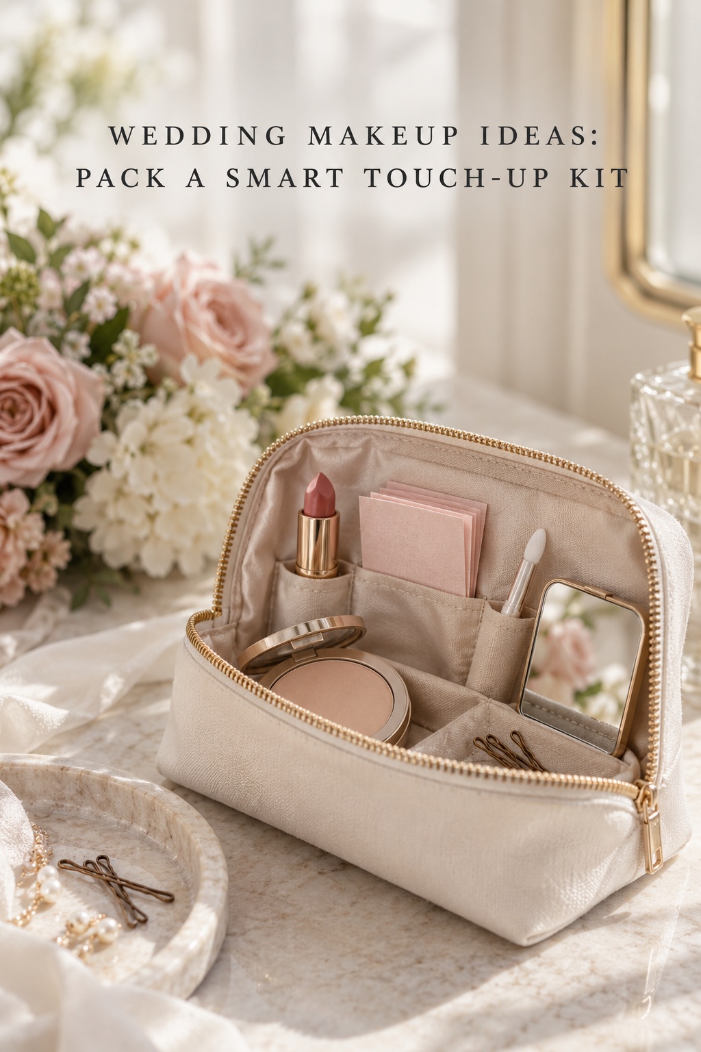 Wedding makeup ideas touch-up kit with lipstick, blotting papers and compact