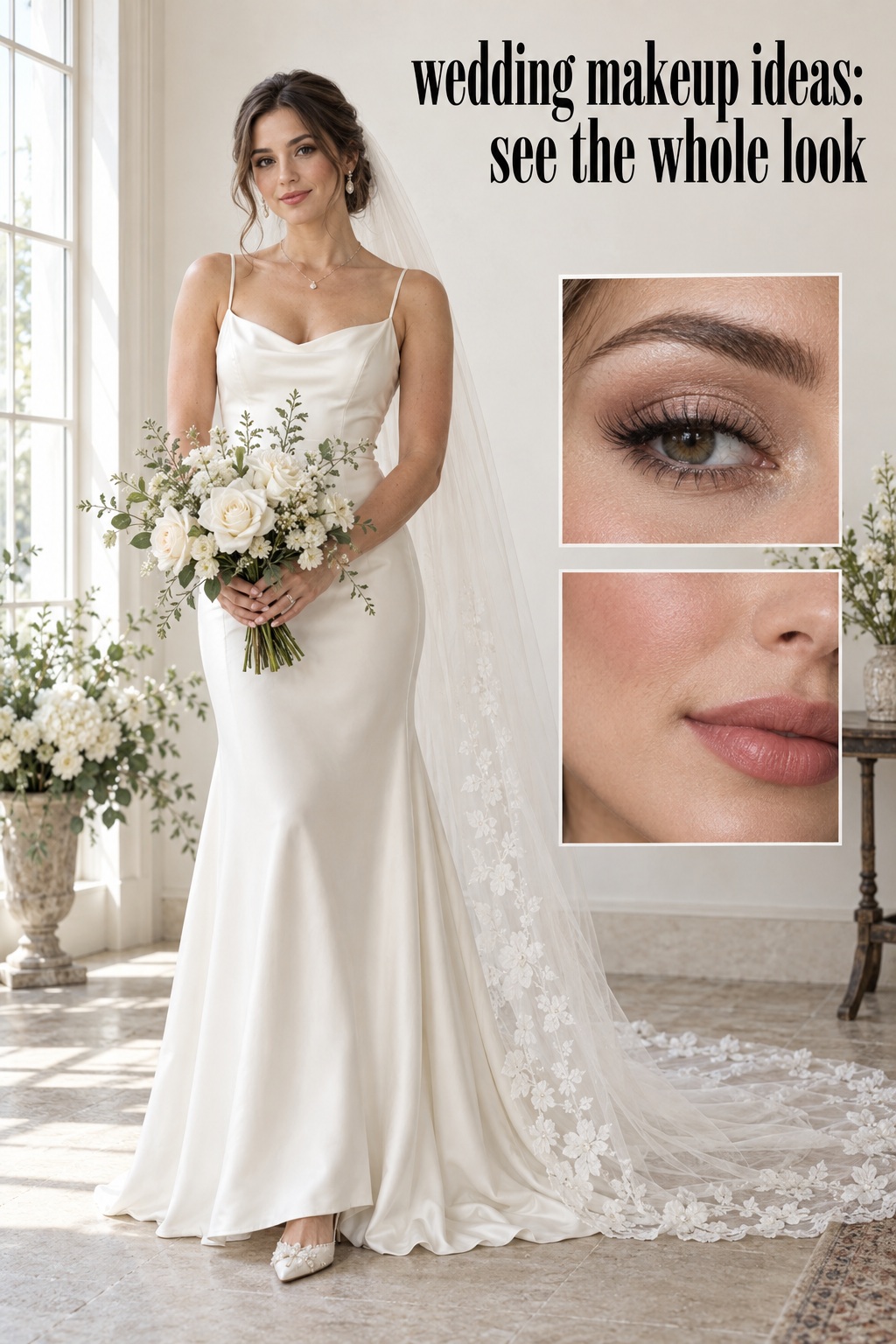 Wedding makeup ideas shown with a full bridal look and beauty detail close-ups