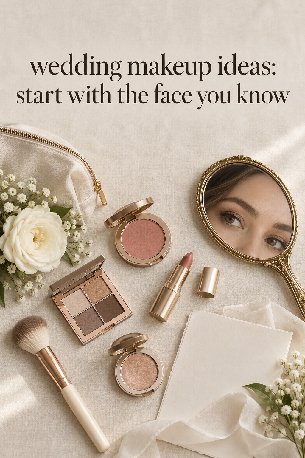 Wedding makeup ideas flat lay with a mirror and soft natural makeup essentials