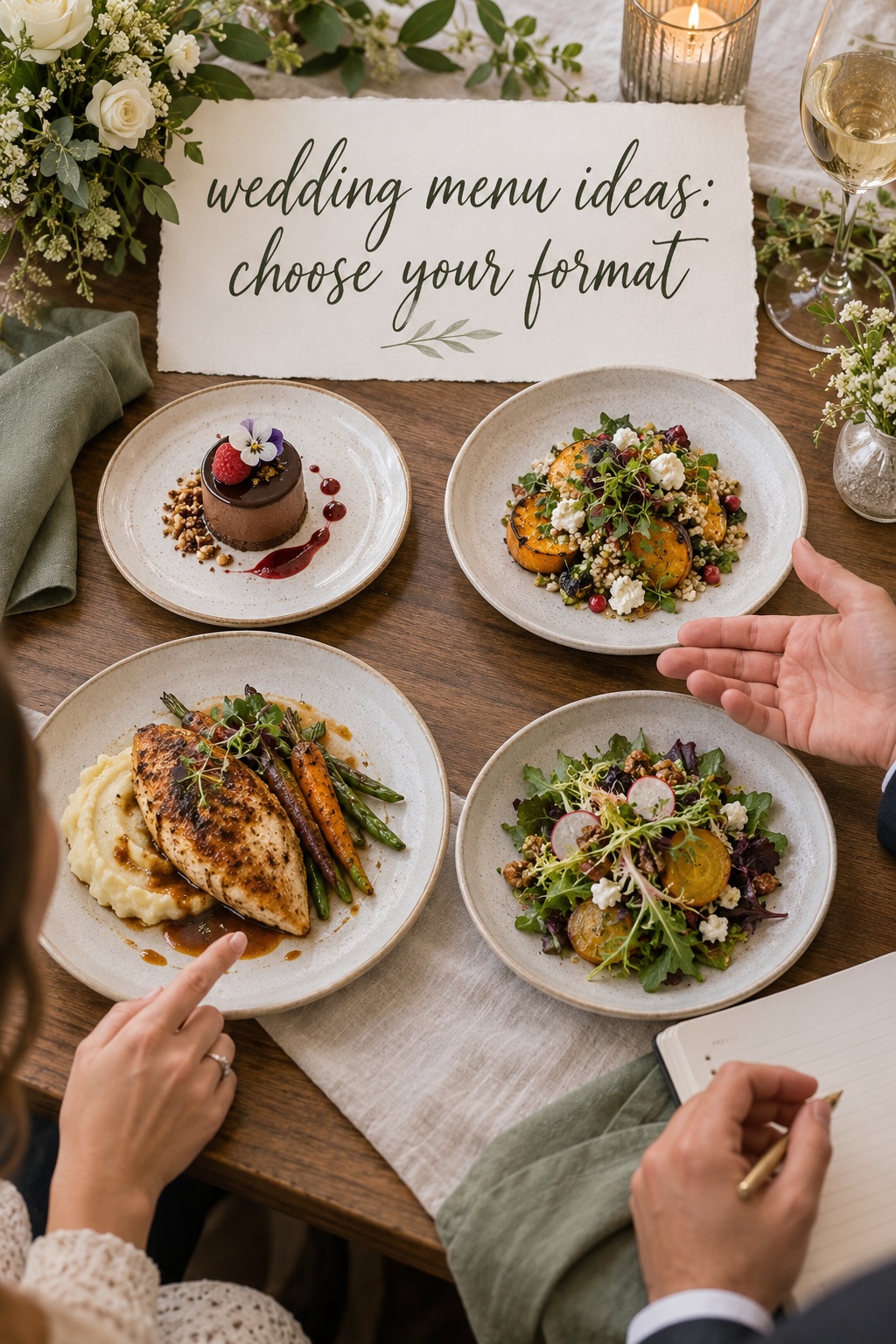 wedding menu ideas tasting table with main dishes, vegetables and dessert
