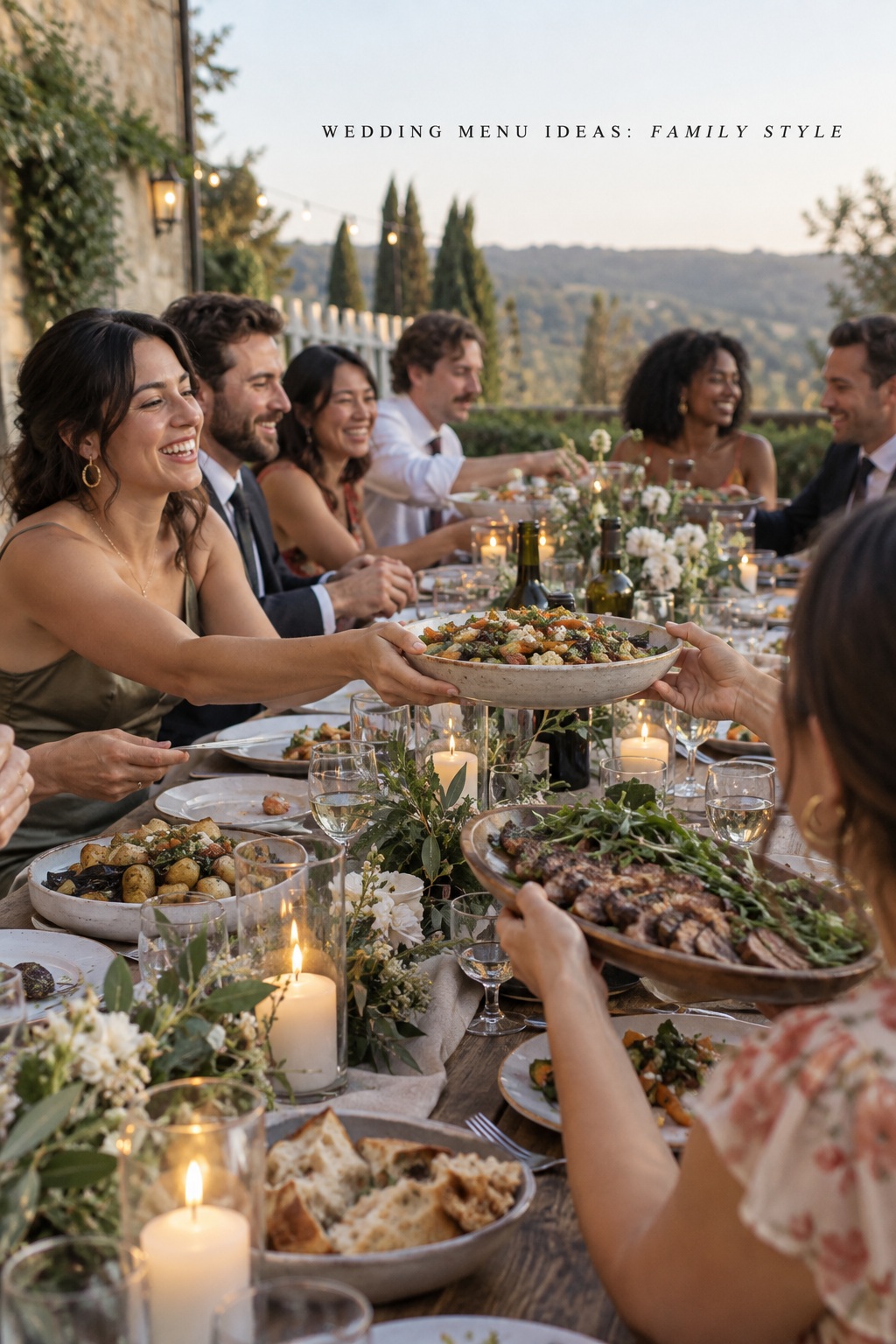 wedding menu ideas guests sharing platters at a family-style wedding table