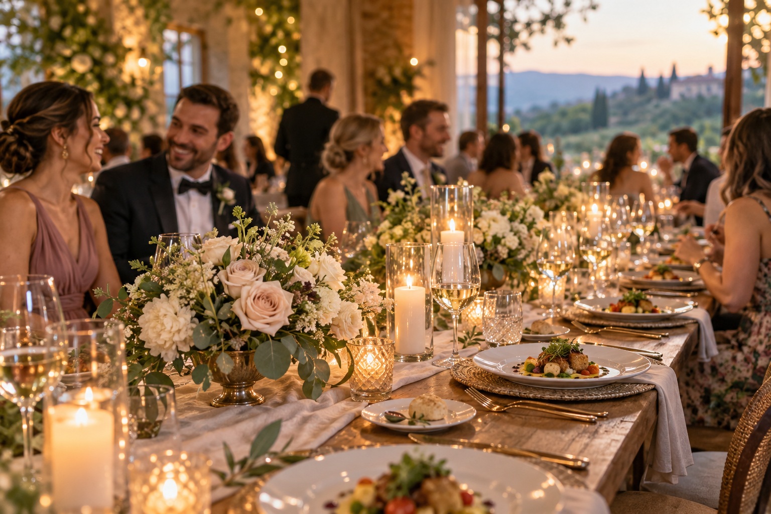 wedding menu ideas reception table with seasonal plated food and guests